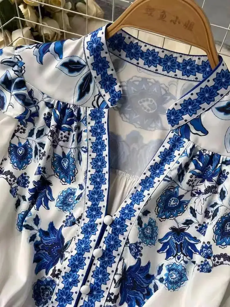 Vestido largo con volantes y estampado barroco de manga larga acampanada para mujer, vestido Vintage de otoño con cuello en V y una hilera de botones, vestido de flores