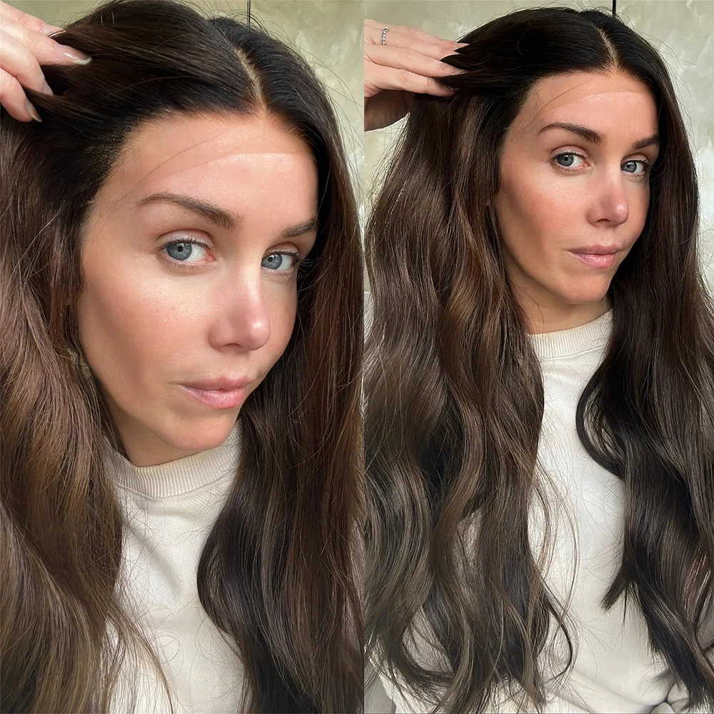 

Длинный натуральный волнистый парик темно-коричневого цвета, реалистичный, с предварительно выщипанными прядями, роскошный синтетический парик с кружевной передней частью для женщин, готовый к носке, для косплея и вечеринок.