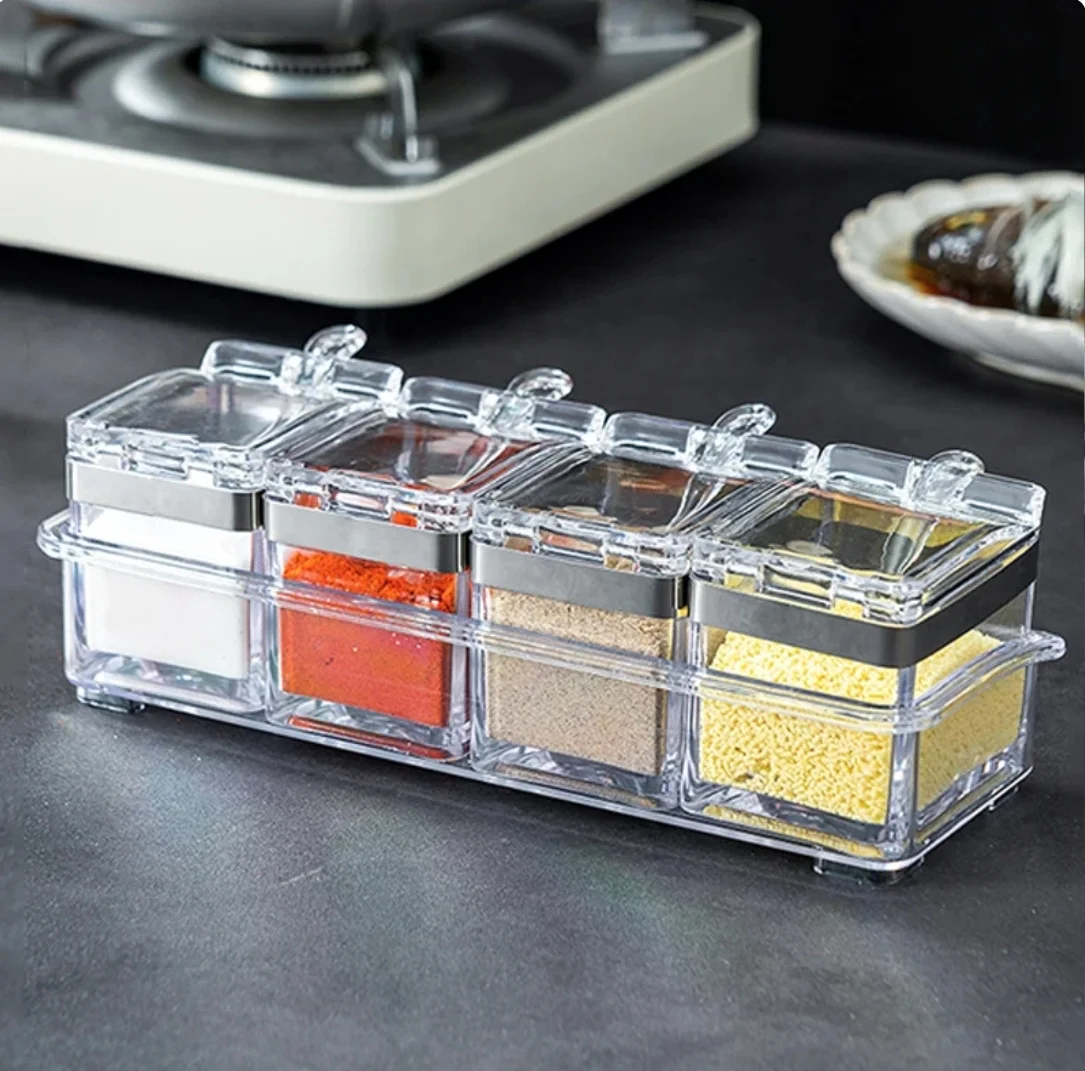 Box, Set Of 4 Crystal Storage Container With Spoon Clear Seasoning Rack Pots For Pepper Spice