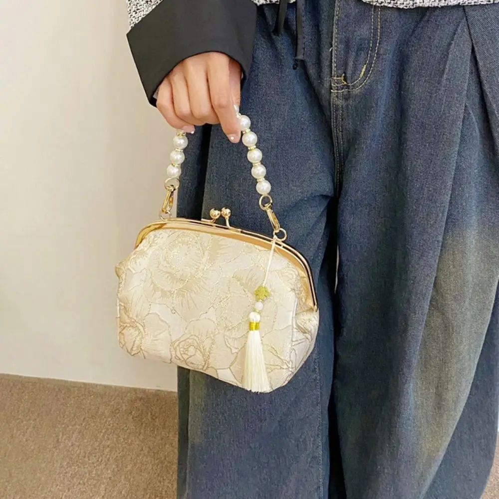 Cheongsam Accessories Embroidery Banquet Bag Wrist Bag Pearl Handle Hanfu Handbag Large Capacity Shoulder Bag Ladies Clutch Bag