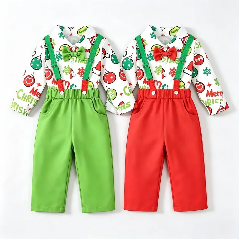 Newborn Infant Toddler Baby Boy Christmas Romper Outfit Set White Ornament Bell Print Long Sleeve Shirt Green Pants 0 36M