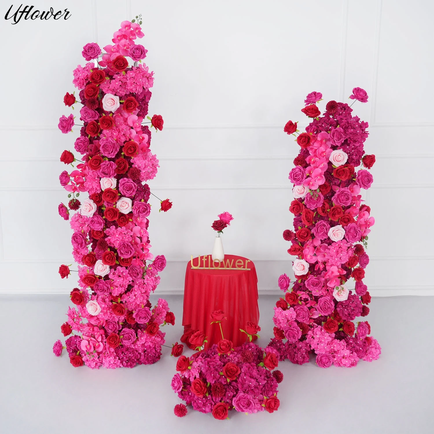 

Uflower Pink Red Rose Hydrangea 5D Floral Arrangement Wedding Backdrop Arch KT Board Decor Floor Flower Row Runner Event Props