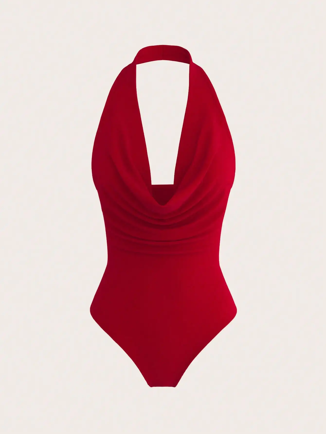 

Женское однотонное красное боди с вырезом халтер и драпировкой спереди, без рукавов, с открытой спиной, минималистичный дизайн