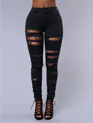 Fashionable Women's Versatile Solid Color Jeans European and American Holed Jeans Minimalist Slim Fit Pencil Pants