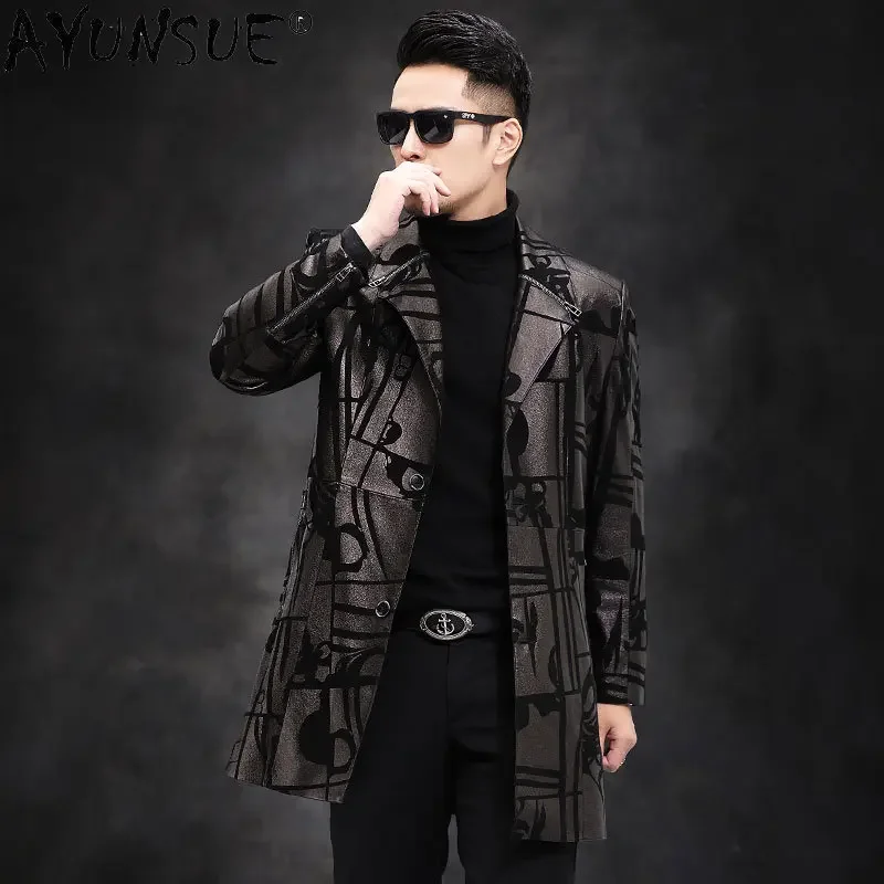 

AYUNSUE Real Leather Jacket Men Autumn Genuine Sheepskin Coats 2022 Floral Printed Leather Coat Suit Collar Chaquetas Hombre SGG