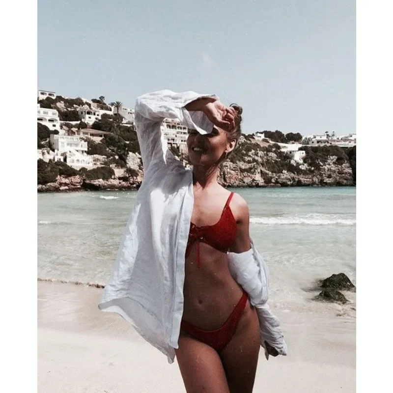 Camisa de cobertura de biquíni de linho, cobertura de maiô para piscina, cobertura de praia para mulheres, cobertura de maiô de manga comprida