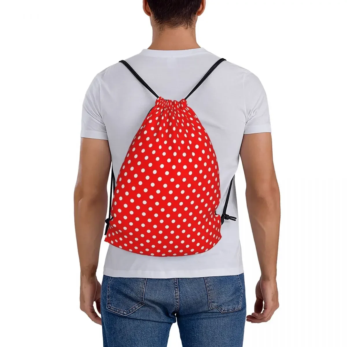 POLKA DOTS RED Backpacks Fashion Portable Drawstring Bags Drawstring Bundle Pocket Sports Bag BookBag For Travel Students