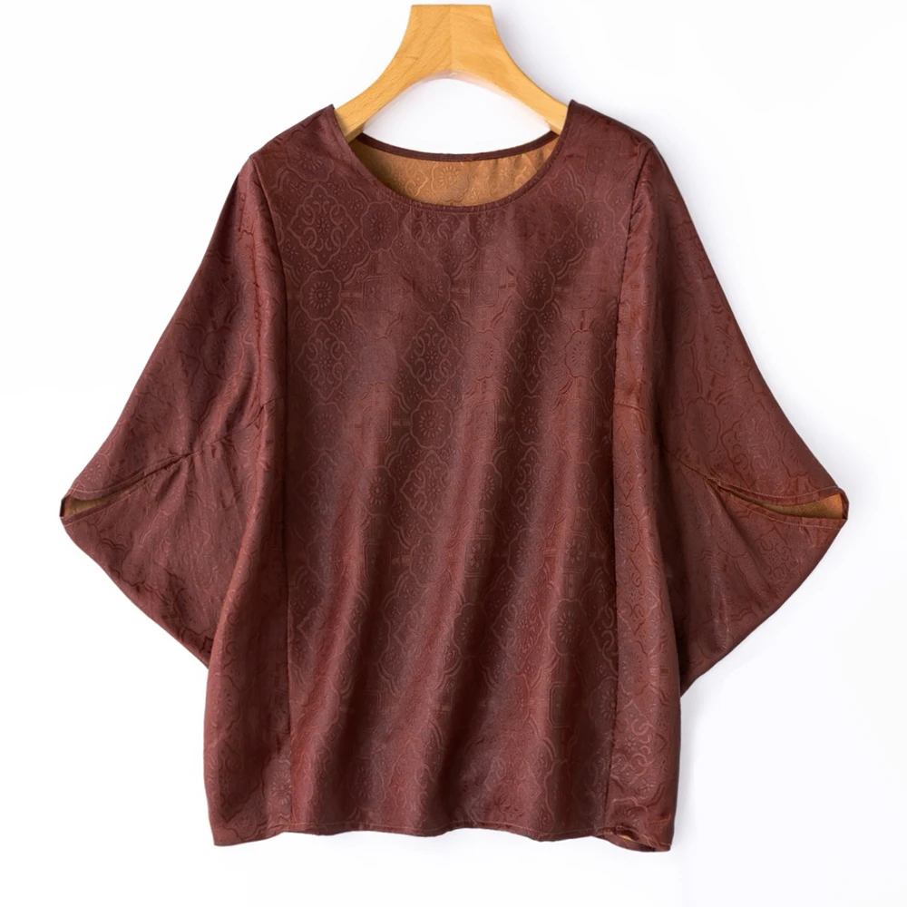 Women's Fashion Design Sense 100% Natural Mulberry Silk Red Cloud Yarn Round Neck Batwing Sleeve Loose Skin Friendly T-shirt