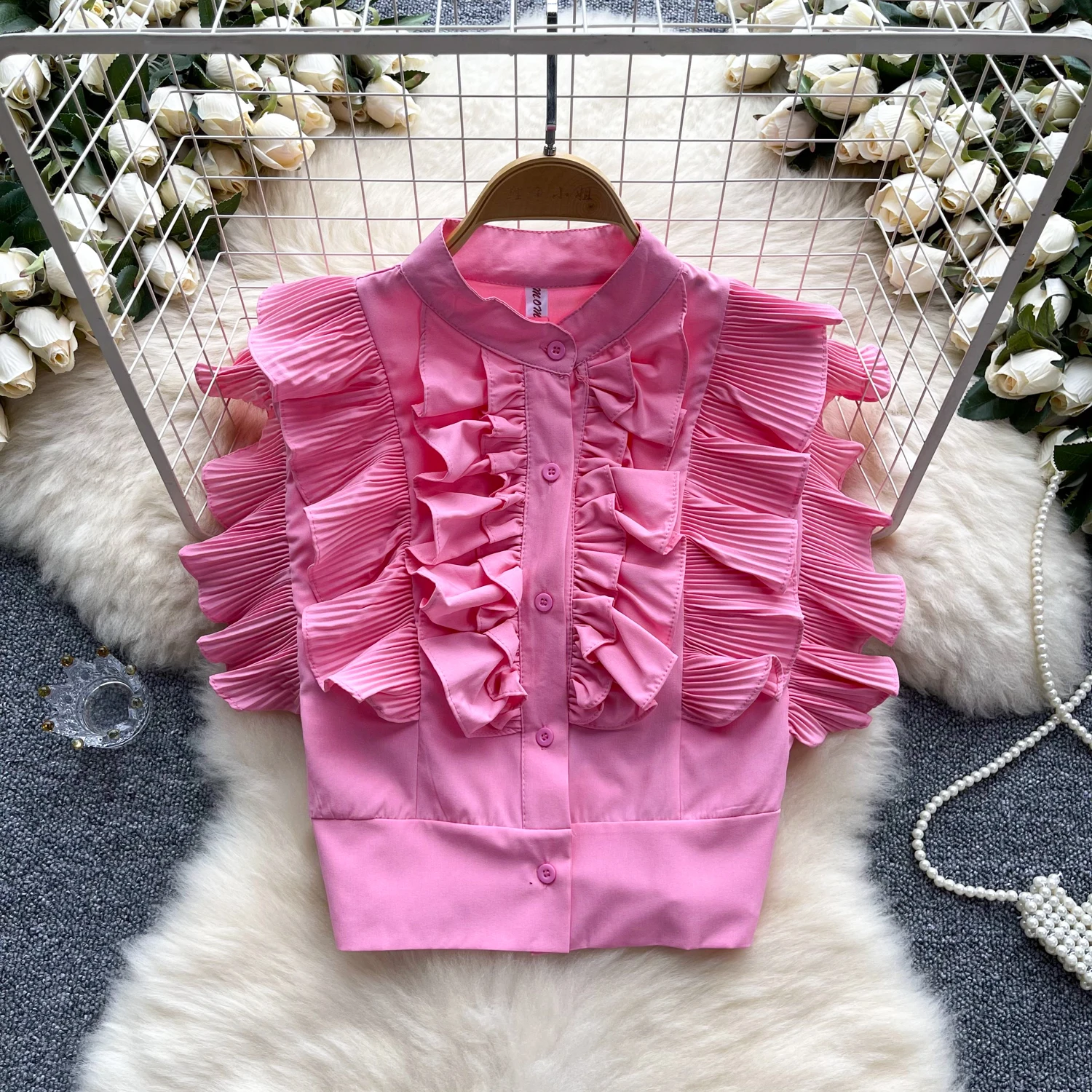 Chic Sweet Ruffle PATCHWORK Single Breasted Blouse Elegant French Fashion Sexy Shirt Spring summer sleeveless Women Top