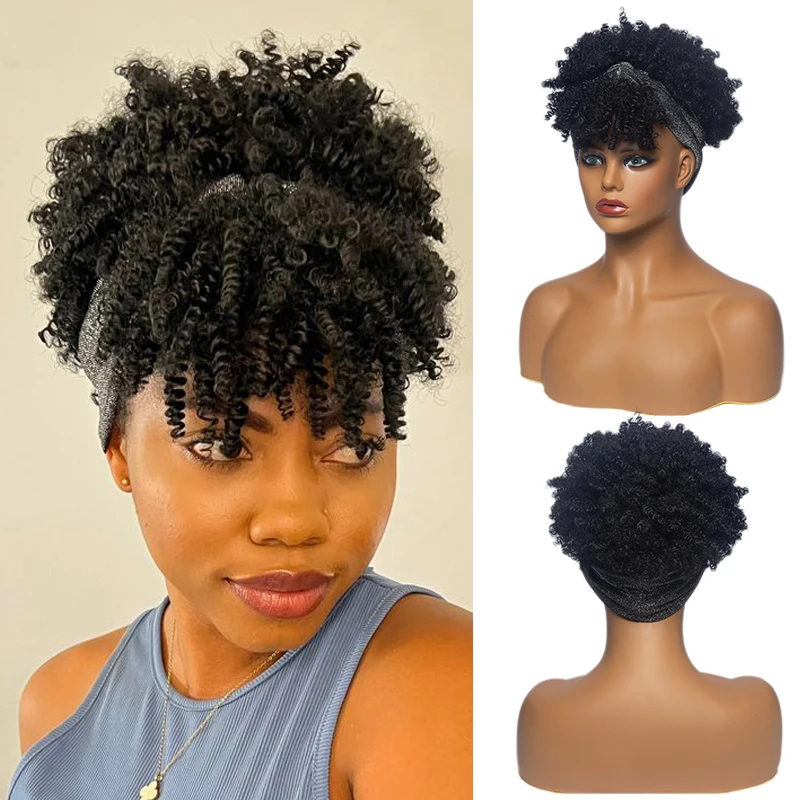 Short Afro Curly Headband Wig Black Synthetic Kinky Curly Wig with Scarf 10 Inch Soft Fluffy Curly Turban Wrap Wigs for Women