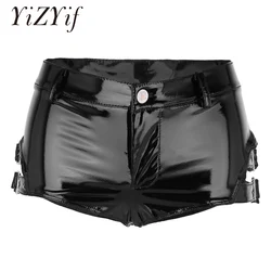 Women Lingerie Wet Look Shorts Hot Fashion Patent Leather Low Rise Clubwear Mini Shorts Hot Pants with Buckles Pole Dancewear