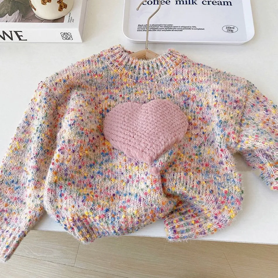 Abbigliamento per bambini primavera autunno ragazze moda maglione Pullover lavorato a maglia addensato per bambini tridimensionale amore colorato Top