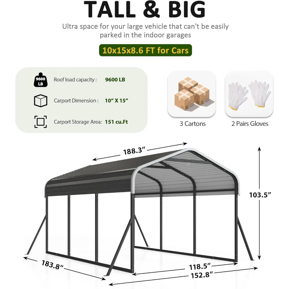 مظلة سجاد شديدة التحمل مقاس 10 × 15 قدمًا، مع هيكل إطار محدث وسقف فولاذي مجلفن وقاعدة محسنة، جراج مرآب معدني #2
