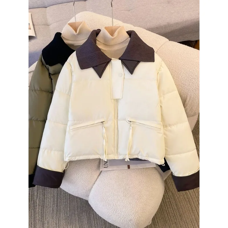 Women's New Style Knitted Turn-down Collar Short Style Down Jacket Winter Cotton Jacket Thickened Warm Cotton Coat Outerwear