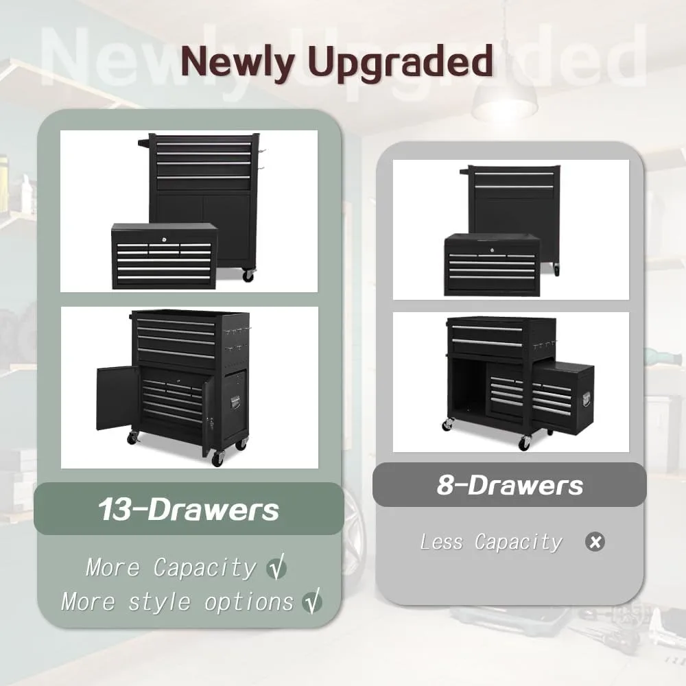 ตู้เครื่องมือแบบมีล้อเลื่อน 13 ลิ้นชัก 2 ประตู พร้อมล้อถอดได้และพื้นที่จัดเก็บขนาดใหญ่