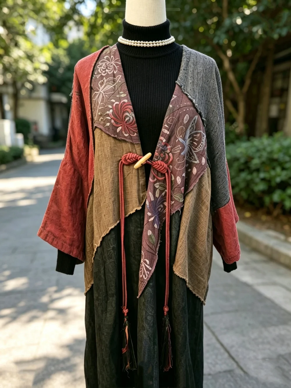 New Chinese-style coat original patchwork double-layer cotton linen loose casual women's trench coat