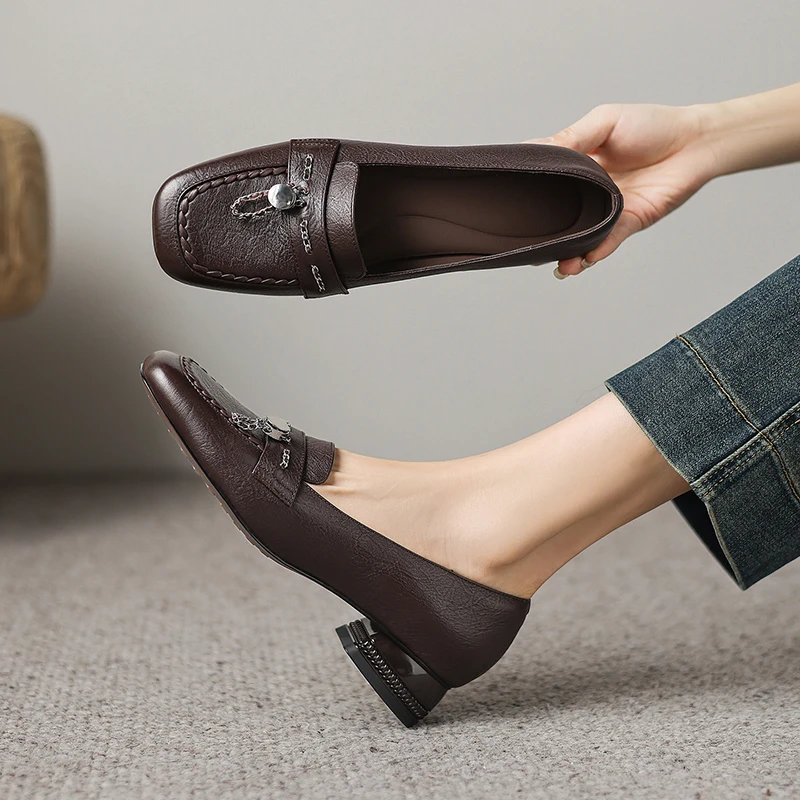 

2026 new spring summer women pumps natural leather 22-25cm cowhide+sheepskin square toe metal chain loafers women shoes fashion