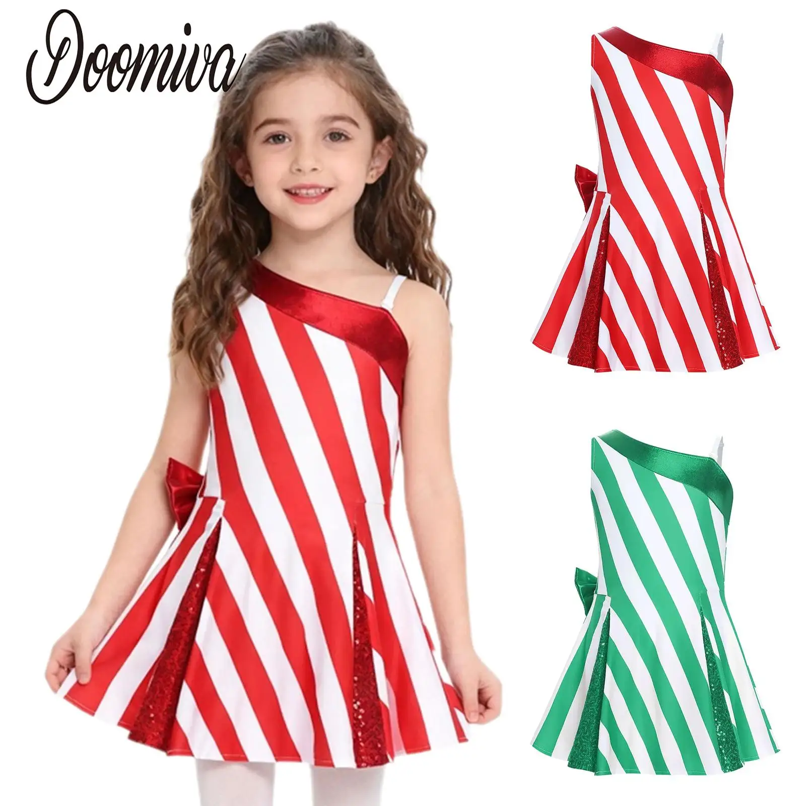 

Girls Christmas Santa Dance Performance Costume Ballet Tutu Dance Dresses Sleeveless Bow Sequins Striped Dress for Holiday Party