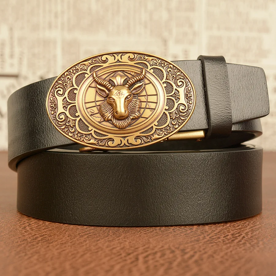 

Chinese Zodiac Men's Cowhide Belt with Sheep Head Automatic Buckle Business Belt and Men's Cowhide Soft Pant Belt