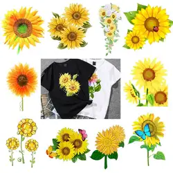 Beautiful Sunflower Iron On Patches Sun Flower Heat Transfer Stickers Clothes Stripes Women Thermal Stickers T-Shirt Applique