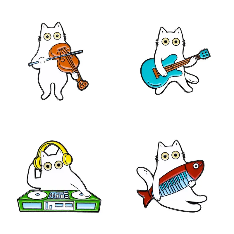 4Pcs/Set Cute Playing Musical Instruments Cat Pins Creative Guitar Violin DJ Kitten Kitty Enamel Brooches For Pet Lovers
