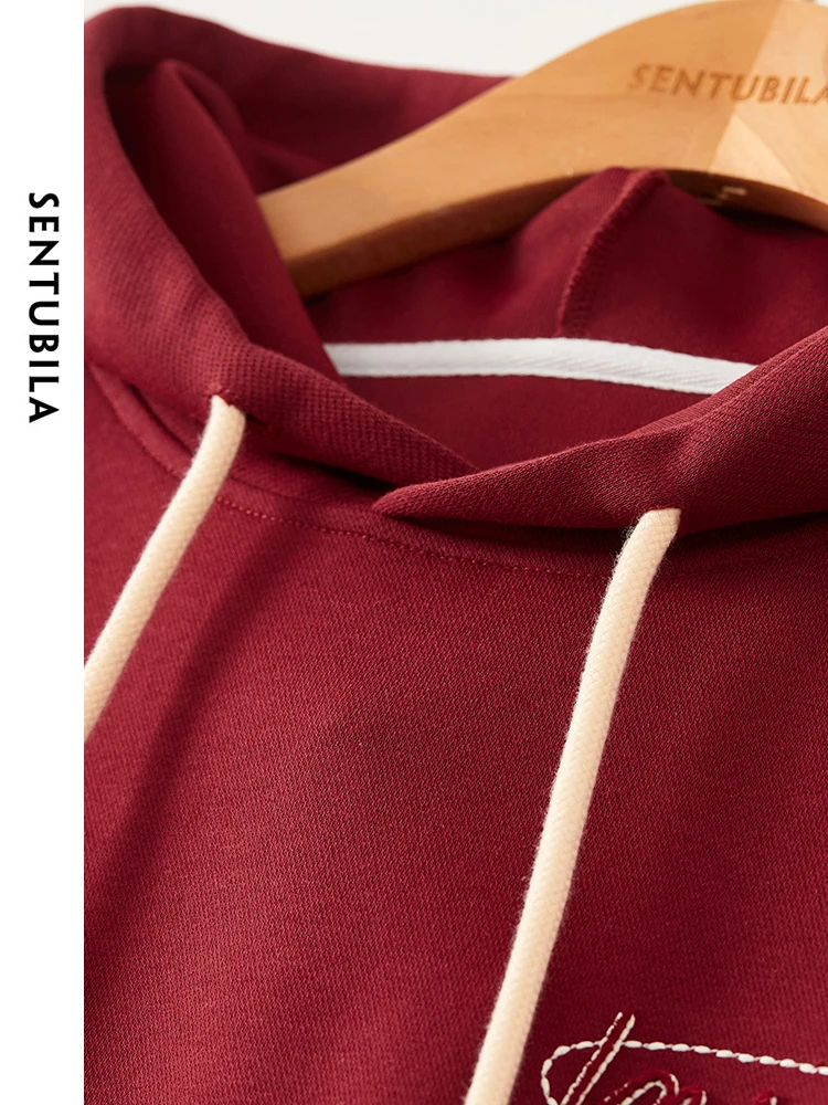 SENTUBILA Red Embroidery Casual Loose Woman Hoodies Pullover Drawstring Hooded Sweatshirt 2024 Spring Long Sleeve Tops W41A53564