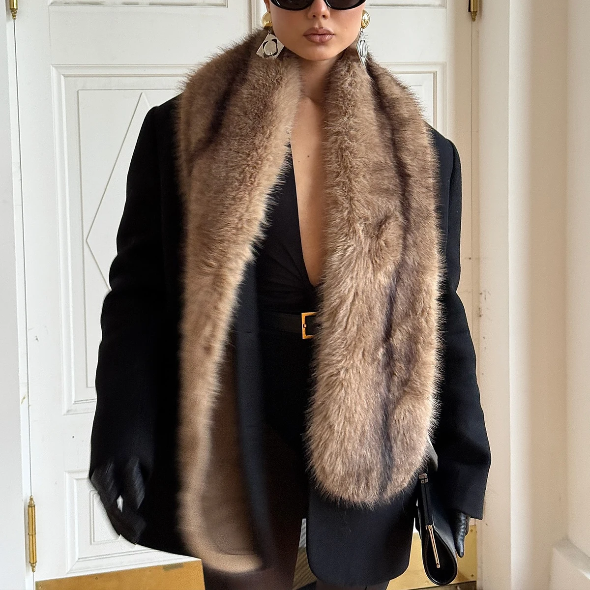 Women's Brown Fluffy Faux Fur Scarf Shawl Long Plush Winter Warm Neck Warmer Elegant Luxe Chic Trendy Outerwear