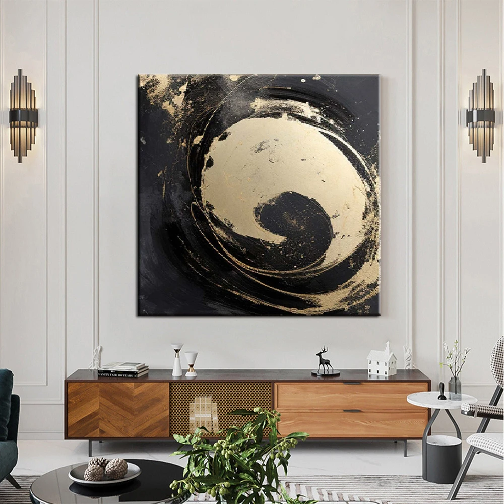 Hand Painted Oil Painting Modern Geometric Wall Art Black Gold 3D Plaster Painting Black Gold Texture Wall Art Office Deco Art