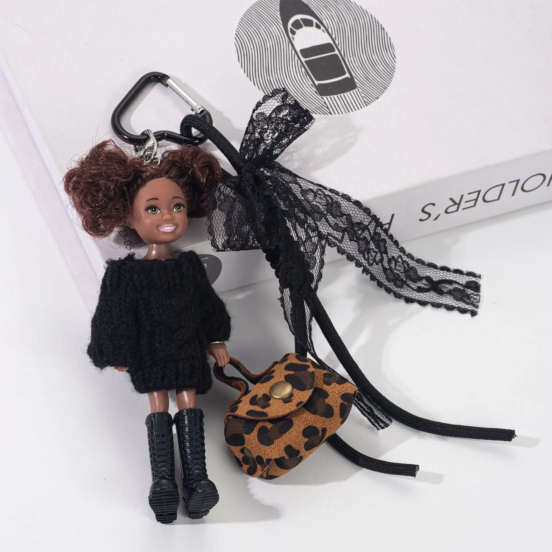 

African Black Skin Double Ponytail Curl Girl Princess Doll Keychain Pendant Fashion Sweater Dress Cartoon Bag Decor Cute Gift