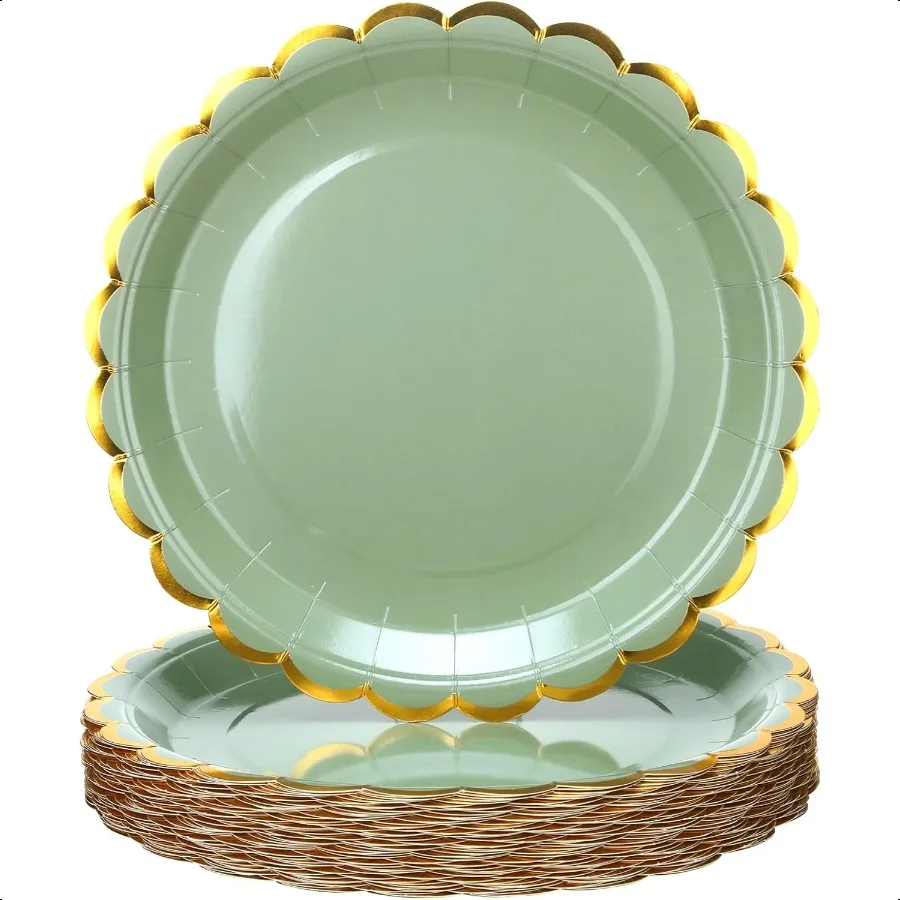 

50 Pcs Sage Green Scalloped Paper Plates with Gold Foil 9 Inches Party Plates Decorative for Cake Dert Birthday Baby Shower We