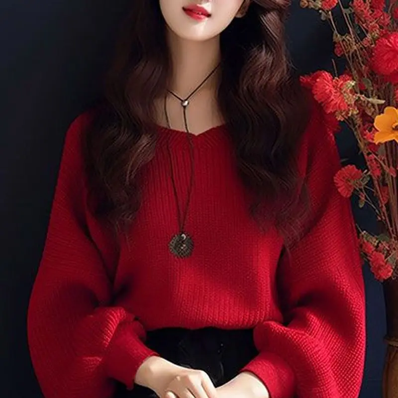 New Fashion Women's Lazy Oversized Red Pullover Sweater Long Sleeve Knit Jumper Top