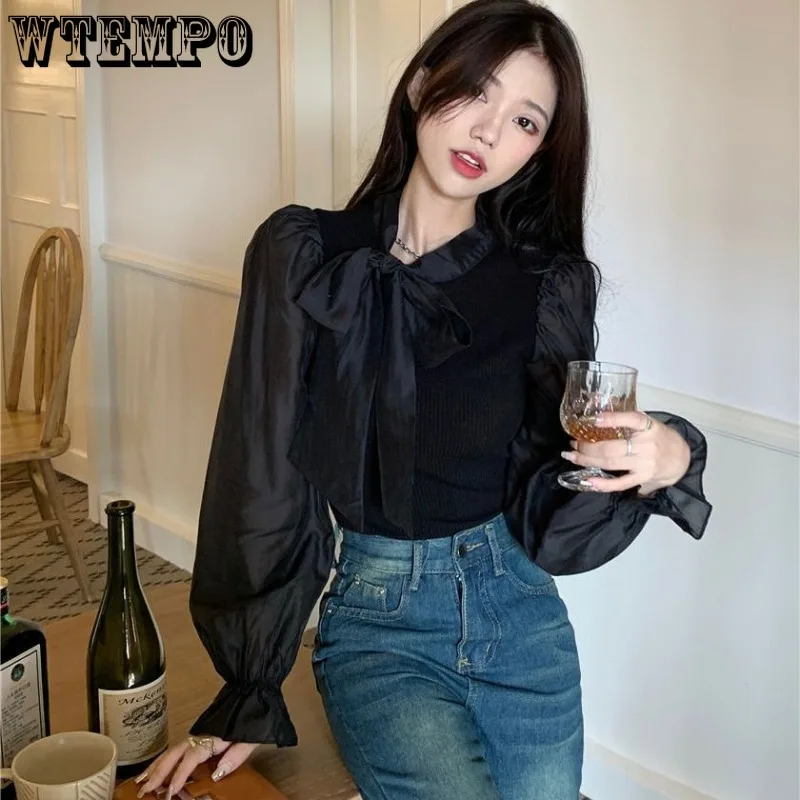 WTEMPO Fashion Bow Shirt Lace-up Long Sleeve Patchwork Shirt Women's French Lightweight Sexy Pullover Spliced Knitted Blouses