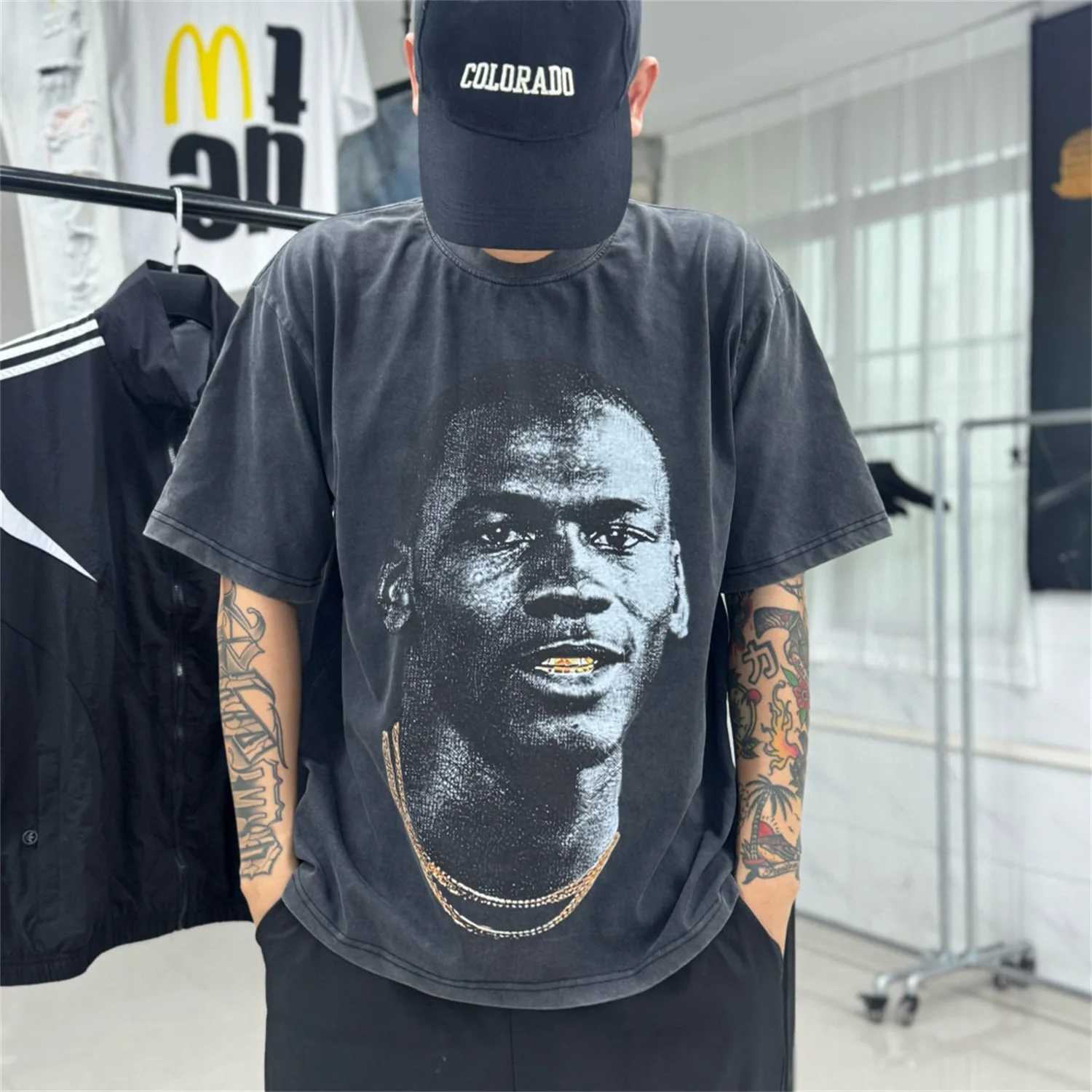 

Vintage 23 MJ Michael Big Face Portrait Digital Print Heavyweight Full Cotton Qualily High-Street Tops T-Shirtr For Men