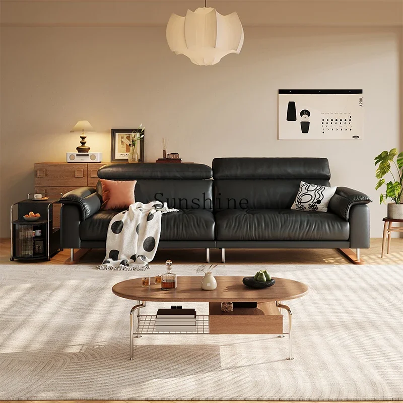 

Medieval style first-floor cowhide living room small apartment three-person straight row high-footed sofa