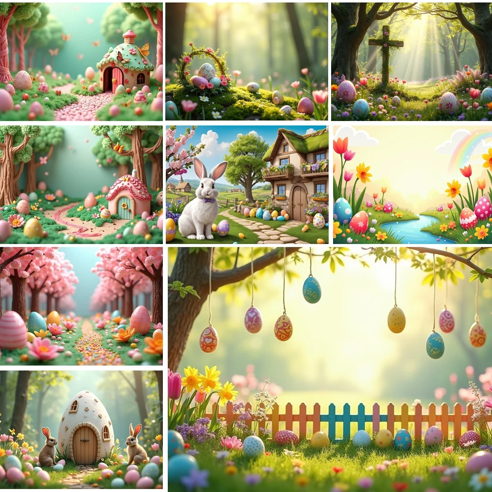 

MOON.QG Easter Candy Tree Grove Photographic Background Trunks Mushroom Hut Petal Pathway Backdrop Accessories Portrait Festival