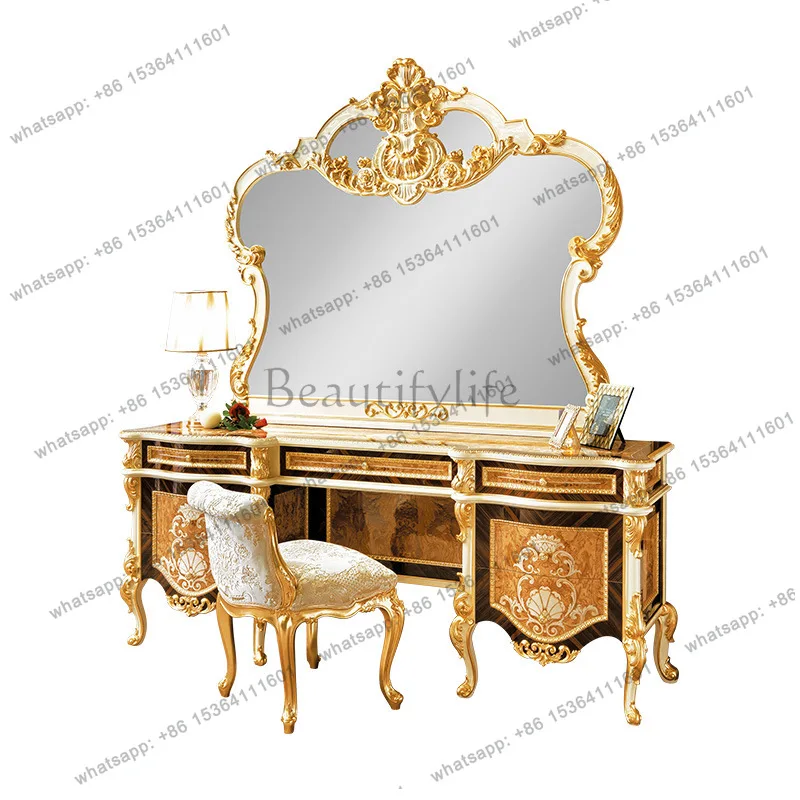 

European solid wood carved French dresser mirror stool combination luxury villa princess makeup table