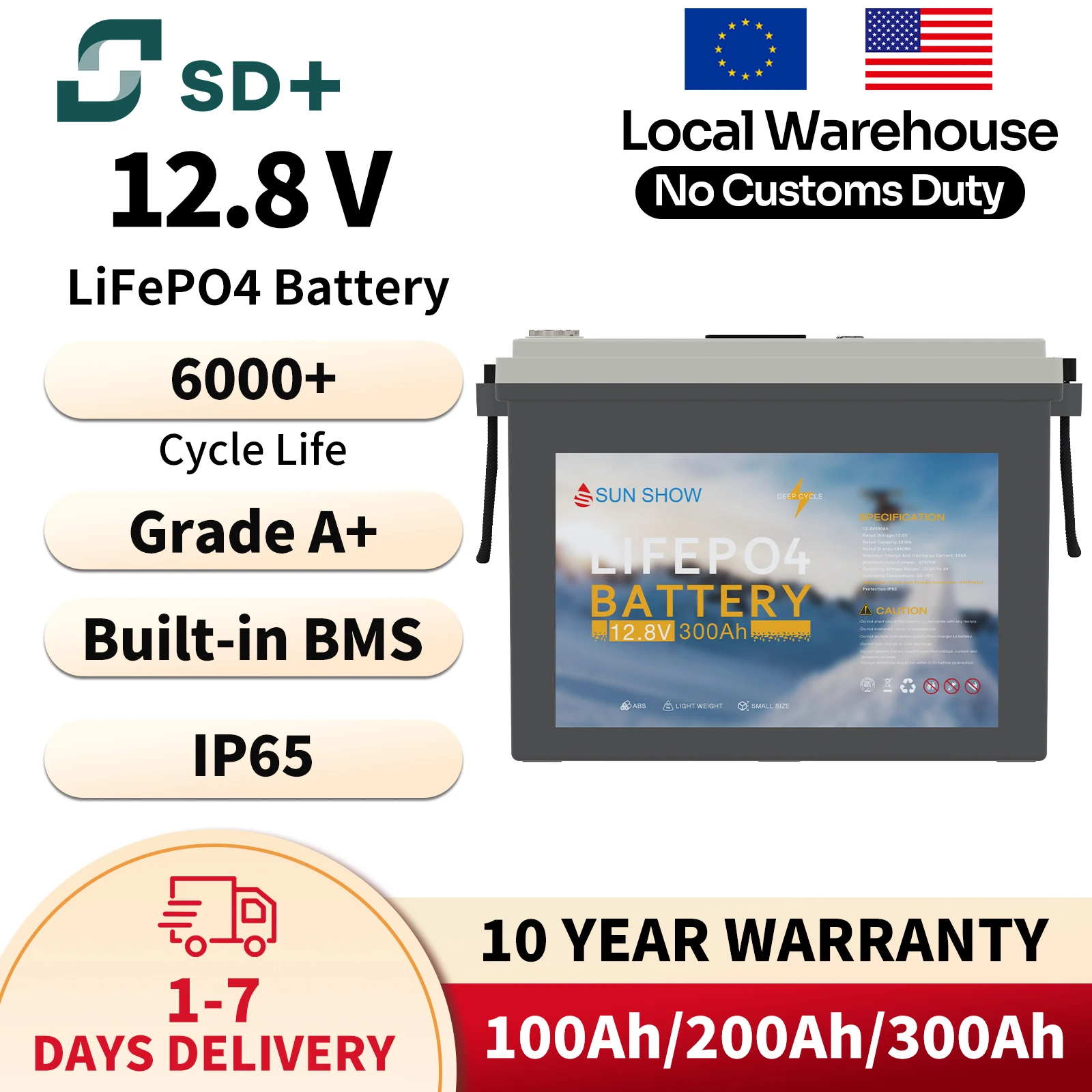 

Аккумулятор SANDISOLAR 3840Wh LifePo4 12V 300Ah с BMS 150A, 6000+ циклов заряда, для систем хранения солнечной энергии, склад в США