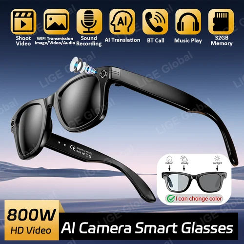 Imagen 1 del producto Gafas inteligentes LIGE AI, cámara HD de 8MP, vídeo, llamada Bluetooth, traducción inteligente, batería de 270mAh, asistente de voz, gafas de sol para música