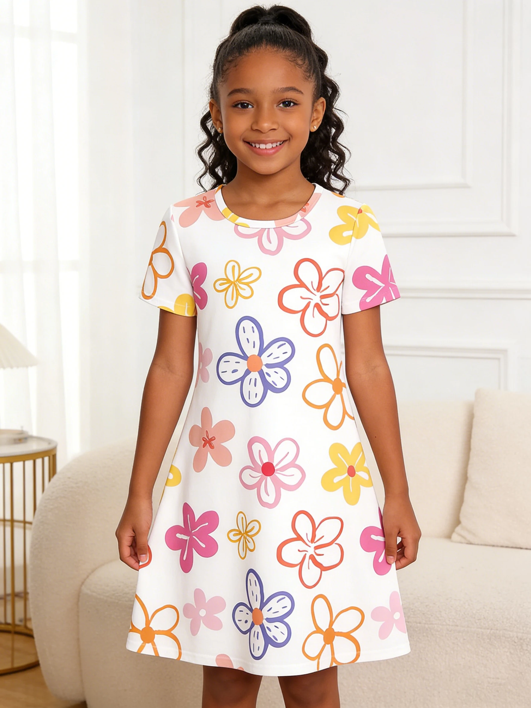 

2026 Girls White Bottom Colorful Flower Print Short Sleeve Dress
