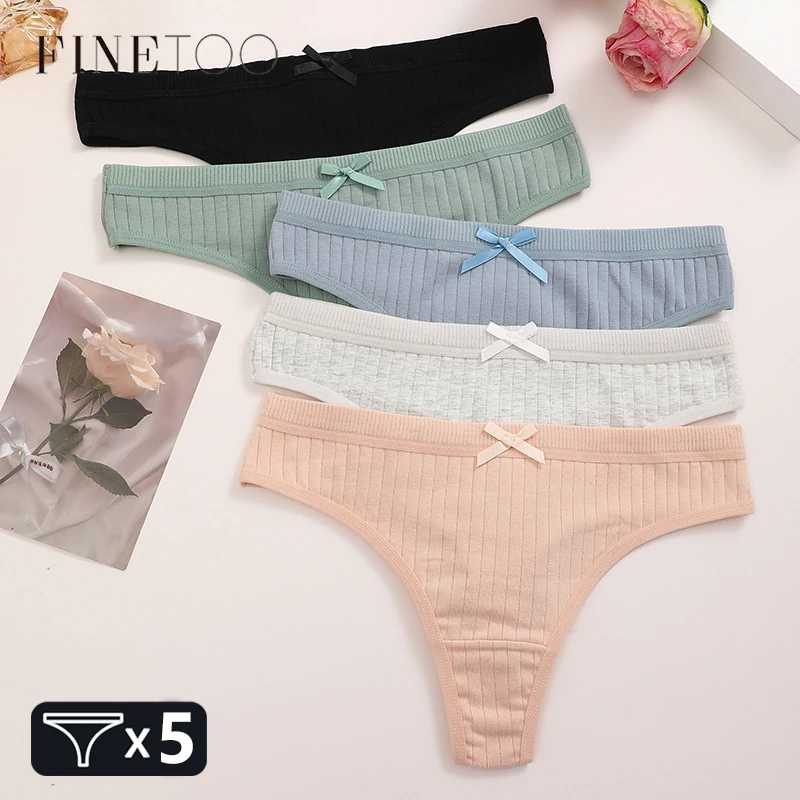 5Pcs Cotton Bow Tie Ribbed Underwear for Women Sexy Striped Panties Low Waist Soild Thongs Female Stretchy T-back Lingerie M-3XL