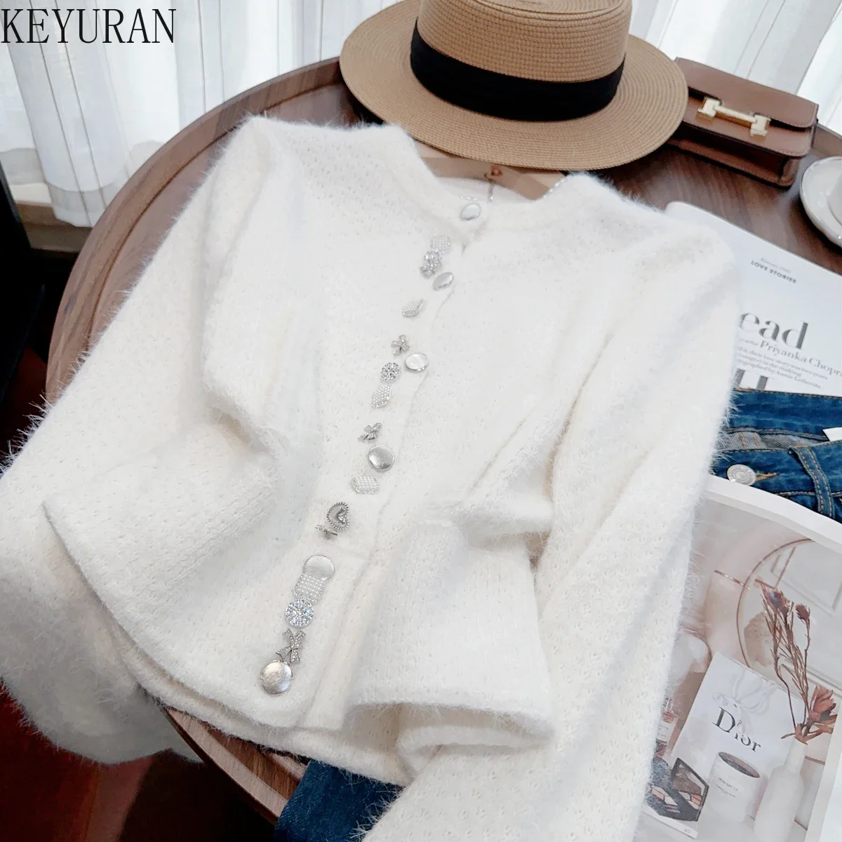 Luxury Diamonds Mohair Sweater Jacket Women\'s Tops Autumn Winter New Korean Style Gentle Temperament White Knitted Cardigan Coat