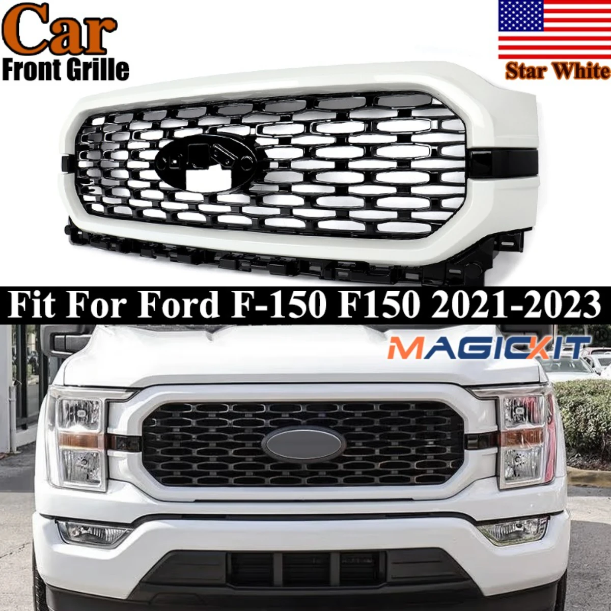 

Magickit Grille Assembly For 2021-2023 Ford F150 XL XLT STX Star White Metallic with Black Honeycomb Front Bumper Upper Grills