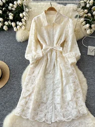 Autumn Winter Lace Embroidery Long Sleeve Midi Dress Shirt Women Single Breasted Pearls Button