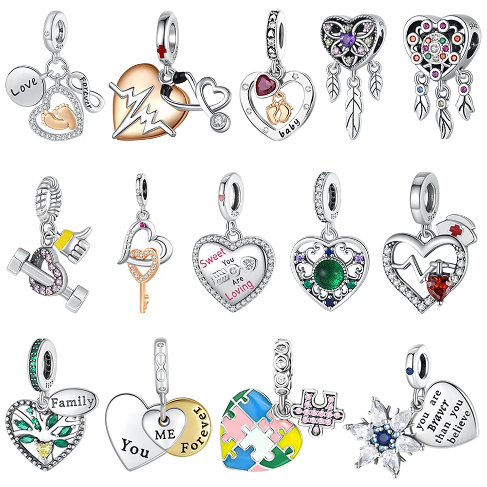 

New 925 Sterling Silver Heart Feather Family Tree Original Beads Charms for Pandora Bracelet DIY Women Fine Jewelry Gift