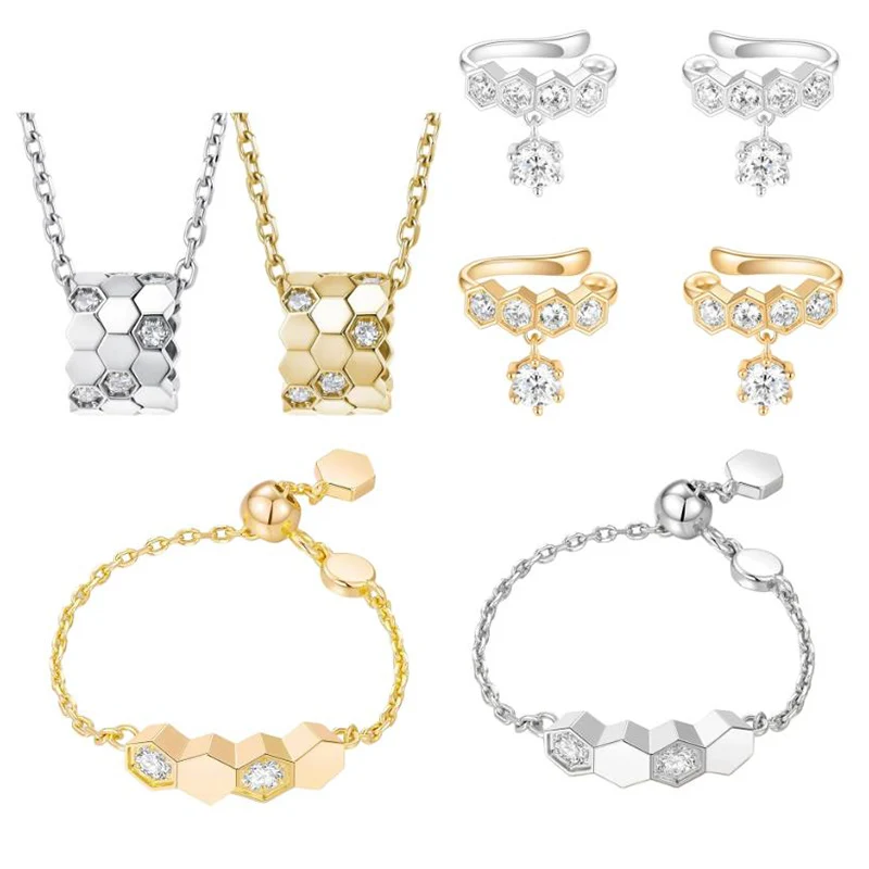 Classic Zircon Hexagon Geometric Cylinder Necklace Kaleidoscope Bracelet No-piercing Ear Bone Clip for Women Jewelry Set KOFSAC