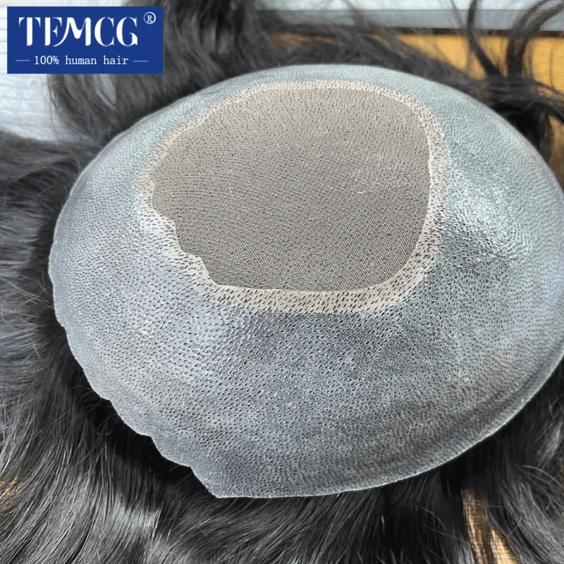 Toupee respirável para homens, renda mono no centro e prótese capilar PU de gaze, 100% peruca de cabelo humano, sistemas Exhuast, 6"