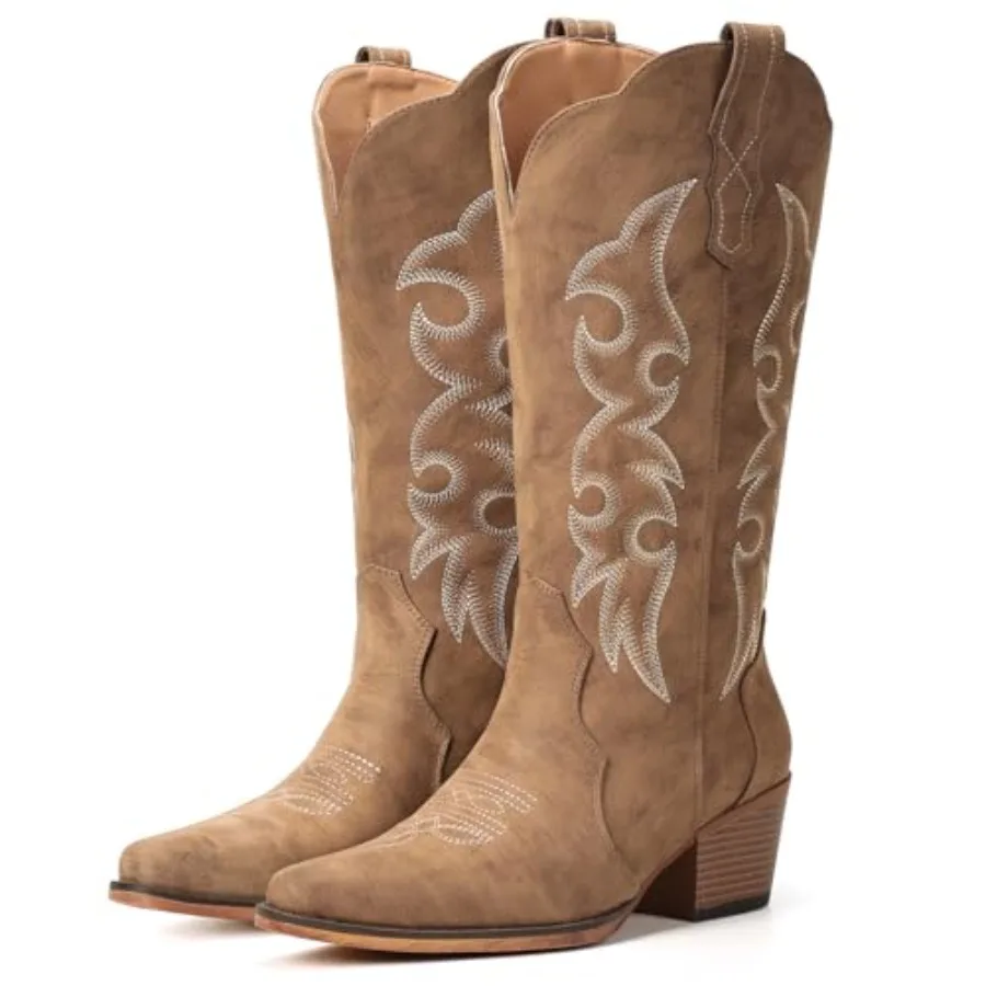 

IUV Cowboy Boots for Women Western Cowgirl Boots with Chunky Heel Mid Calf Embroidered Boot for Casual Wear