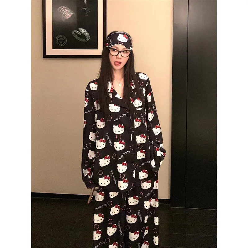 

2 шт., аниме «Hello Kitty», осенне-зимняя мода, можно носить на улице, брючный костюм с длинными рукавами, кавайная удобная пижама для девочек