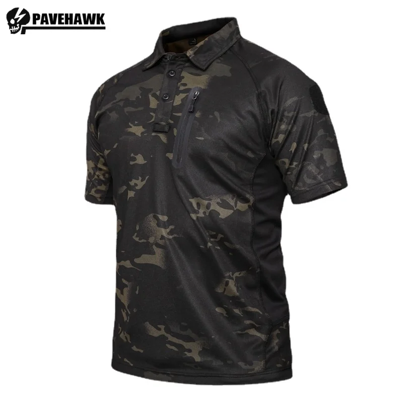 

Summer Tactical Camouflage Mens T-shirt Lightweight Business Commuting Short Sleeve Tops Zip Pocket Lapel Hunting Sweatshirt