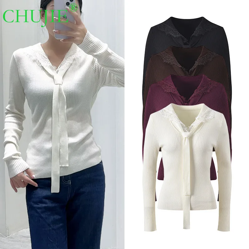

CHUJIE 2025 Autumn Winter New Lace Patchwork Navy Collar Front Tie Slim Fit Fashion Versatile Knitted Sweater Top